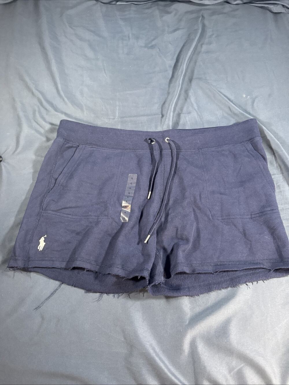 Polo Ralph Lauren Fleece Drawcord Shorts Womens L Navy Blue Distressed at Bottom